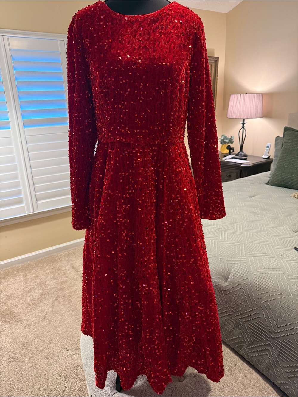 STYLEWE Red Long-Sleeve Sequin Fit-and-Flare Dress